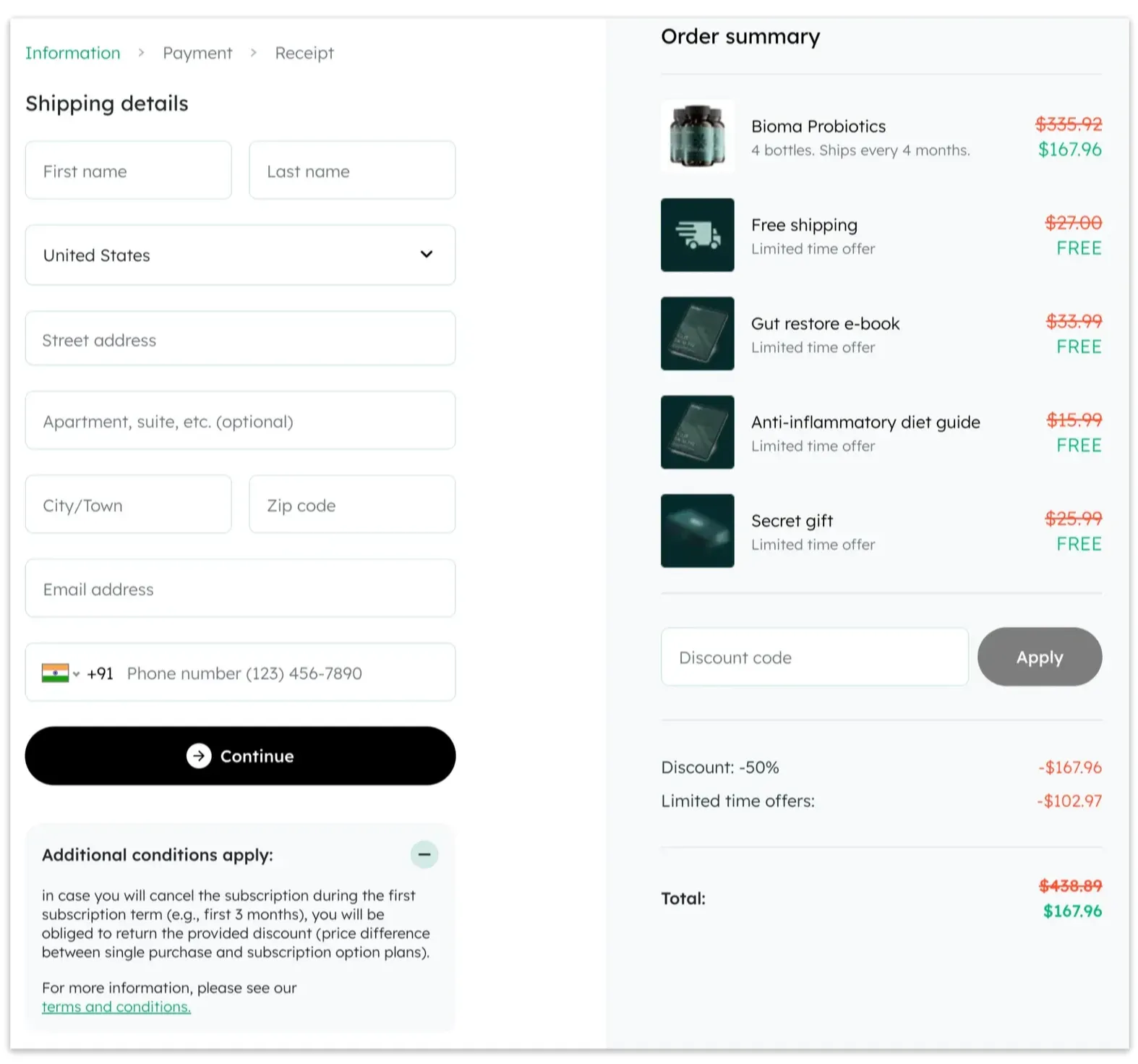 Bioma Probiotics checkout page